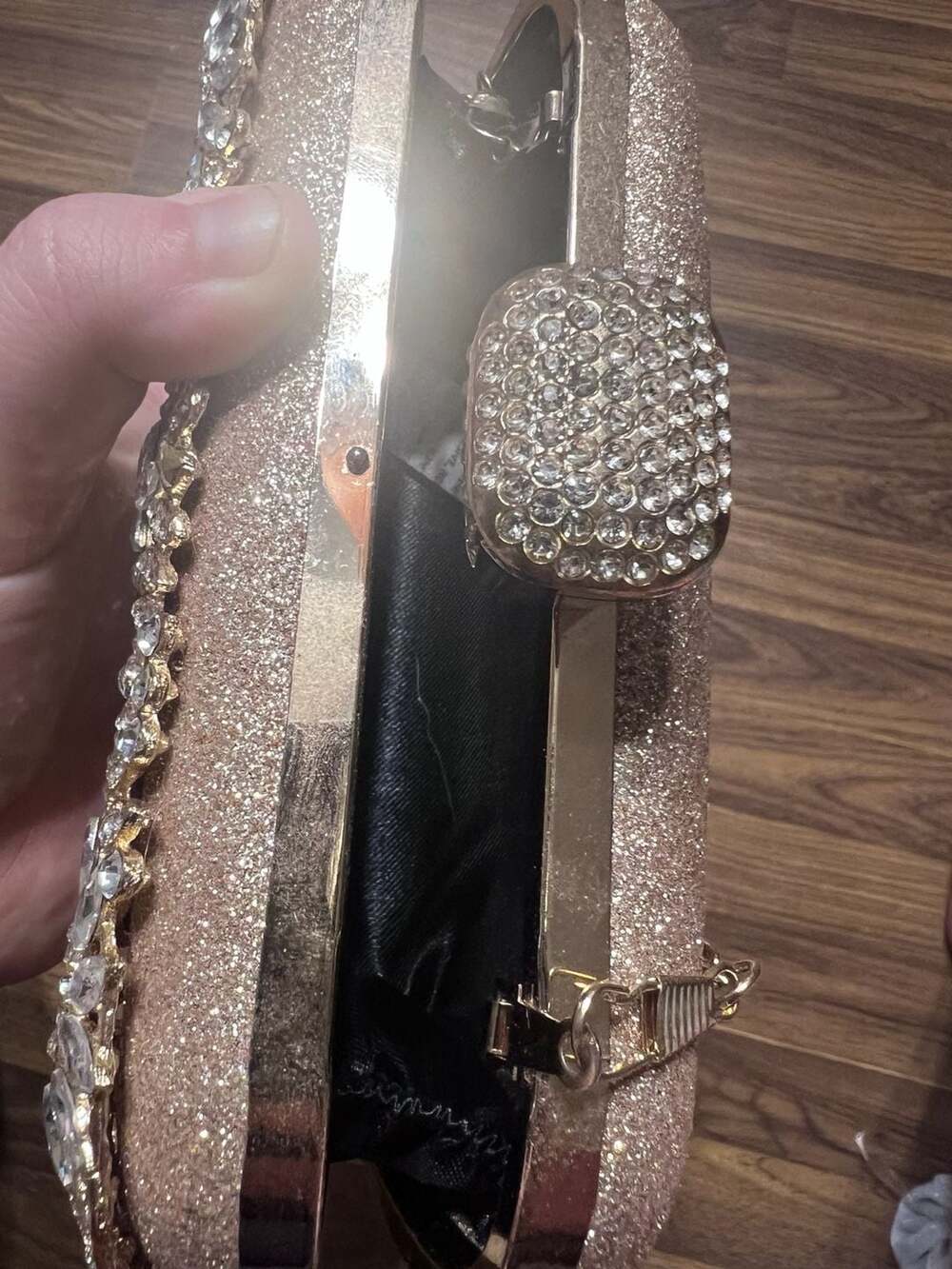 Gold Rhinestone Floral Embellished Hard-Shell Evening Clutch Bag with Chain Stra - Picture 6 of 6